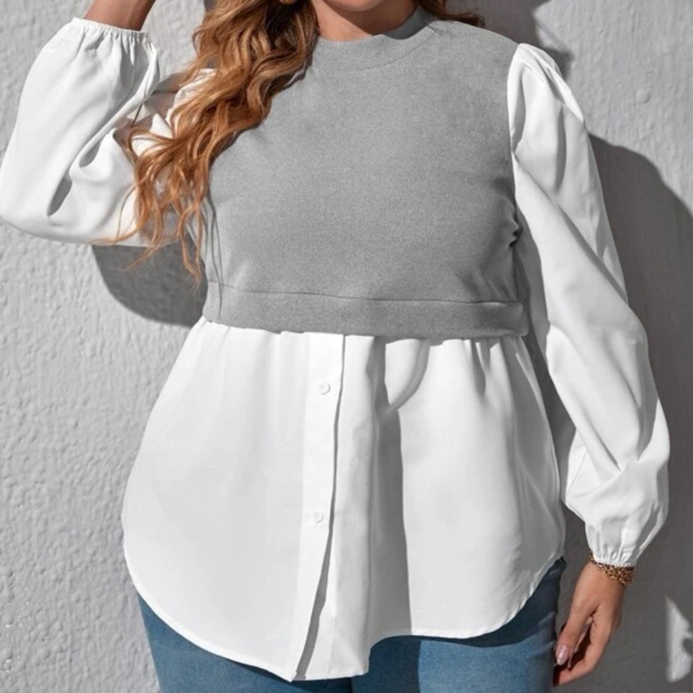 2-in-1 Sweater Blouse with Lantern Sleeves (Gray/White)